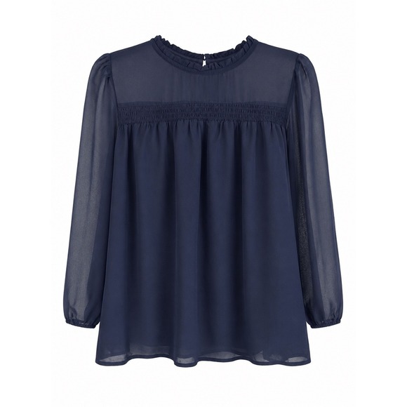 Monteau Tops - NWT Monteau Navy Blue Chiffon Tunic Blouse Medium Ruffle Neck Sheer